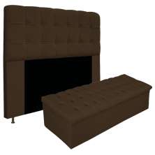 Kit Cabeceira e Calçadeira Baú Estofada Mel 140 cm Casal Com Capitonê Suede Marrom - Amarena Móveis