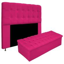 Kit Cabeceira e Calçadeira Baú Estofada Mel 140 cm Casal Com Capitonê Suede Pink - Amarena Móveis
