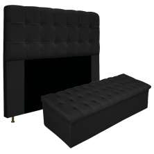 Kit Cabeceira e Calçadeira Baú Estofada Mel 140 cm Casal Com Capitonê Suede Preto - Amarena Móveis