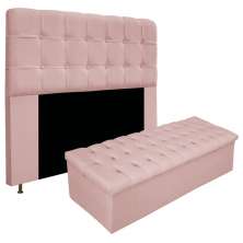 Kit Cabeceira e Calçadeira Baú Estofada Mel 140 cm Casal Com Capitonê Suede Rosê - Amarena Móveis
