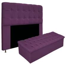 Kit Cabeceira e Calçadeira Baú Estofada Mel 140 cm Casal Com Capitonê Suede Roxo - Amarena Móveis