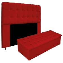 Kit Cabeceira e Calçadeira Baú Estofada Mel 140 cm Casal Com Capitonê Suede Vermelho - Amarena Móveis