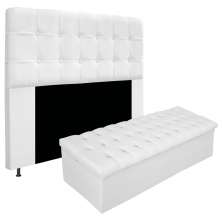 Kit Cabeceira e Calçadeira Baú Estofada Mel 195 cm King Size Com Capitonê Suede Branco - Amarena Móveis