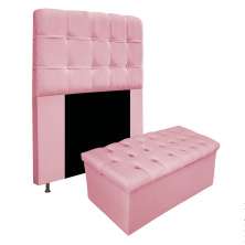 Kit Cabeceira e Calçadeira Baú Estofada Mel 90 cm Solteiro Com Botonê  Suede Rosa Bebê - Amarena Móveis