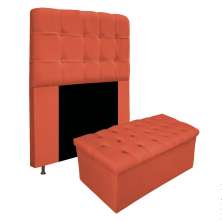 Kit Cabeceira e Calçadeira Baú Estofada Mel 90 cm Solteiro Com Botonê  Suede Terracota - Amarena Móveis