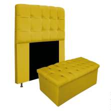 Kit Cabeceira e Calçadeira Baú Estofada Mel 90 cm Solteiro Com Capitonê Suede Amarelo - Amarena Móveis