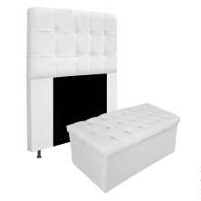 Kit Cabeceira e Calçadeira Baú Estofada Mel 90 cm Solteiro Com Capitonê Suede Branco - Amarena Móveis