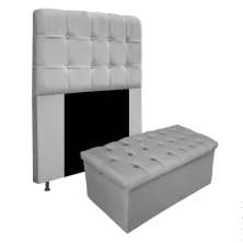 Kit Cabeceira e Calçadeira Baú Estofada Mel 90 cm Solteiro Com Capitonê Suede Cinza - Amarena Móveis