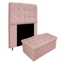 Kit Cabeceira e Calçadeira Baú Estofada Mel 90 cm Solteiro Com Capitonê Suede Rosê - Amarena Móveis