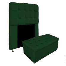 Kit Cabeceira e Calçadeira Baú Estofada Mel 90 cm Solteiro Com Capitonê Suede Verde - Amarena Móveis