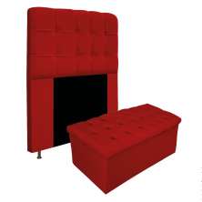 Kit Cabeceira e Calçadeira Baú Estofada Mel 90 cm Solteiro Com Capitonê Suede Vermelho - Amarena Móveis