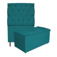 Kit Cabeceira e Calçadeira Liverpool 90 cm Solteiro Suede Azul Turquesa - Amarena Móveis