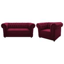 Kit Poltrona e Namoradeira Chesterfield Ana Suede Bordô - Amarena Móveis