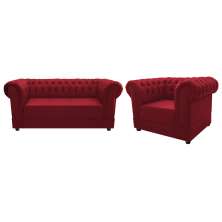 Kit Poltrona e Namoradeira Chesterfield Ana Suede Vermelho - Amarena Móveis