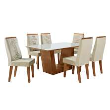 Conjunto de Mesa Retangular com Tampo de Vidro Off White Viena e 6 Cadeiras Luna Veludo Bege e Canela Rústico