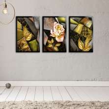 Kit 3 Quadros Decorativos Mosaico Rosa Geométrica