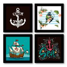 Quadro Decorativo Composê 40x40 Cm Mar e Navio