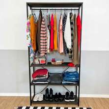 Arara de Roupas de Madeira e Ferro High Style Industrial Ample Tabaco e Preto