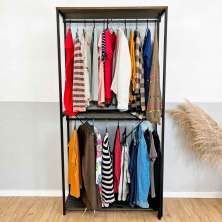 Arara de Roupas de Madeira e Ferro Twice Style Industrial Ample Tabaco e Preto