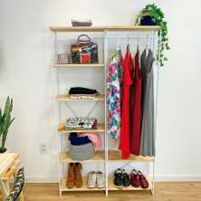 Armário Arara Industrial Closet Completo Modular Slim de Ferro e Madeira  Natural e Branco