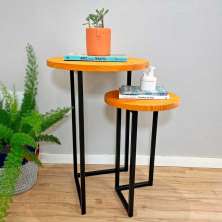 Duo Mesa de Canto Circular de Ferro e Madeira Style Industrial Carvalho e Preto