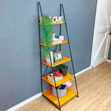Estante Escada Torre de Ferro e Madeira Industrial Slim 5 Prateleiras Carvalho e Preta