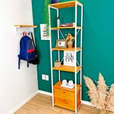 Estante Style de Ferro e Madeira Slim 6 Prateleiras Industrial com 1 Gaveteiro Carvalho e Branco