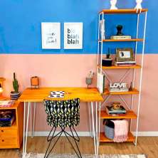 Home Office Escrivaninha Hairpin e Estante Torre Slim Industrial Carvalho e Branco