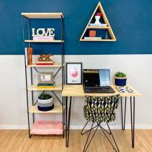 Home Office Escrivaninha Hairpin e Estante Torre Slim Industrial Natural e Preto