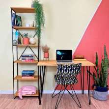 Home Office Escrivaninha Hairpin e Estante Torre Slim Industrial Nozes e Preto