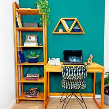 Home Office Escrivaninha e Estante de Madeira Pinus Linea Slim Carvalho