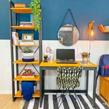 Home Office Escrivaninha e Estante de Madeira Pinus Linea Slim Carvalho e Preto