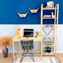 Home Office Escrivaninha e Estante de Madeira Pinus Linea Slim Natural