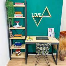 Home Office Escrivaninha e Estante de Madeira Pinus Linea Slim Natural e Preto