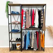 Kit Arara de Roupas Twice e Estante Style Slim Tabaco e Preto