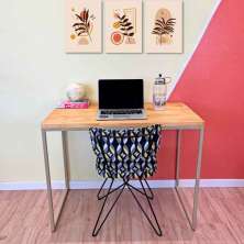 Mesa Escritório de Ferro e Madeira 96cm Style Industrial Nozes e Dourado