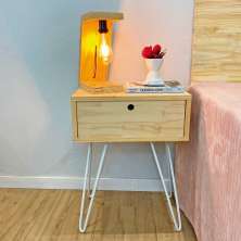 Mesa Lateral de Ferro e Madeira Industrial HairPin  Uno com 1 Gaveta Natural e Branco