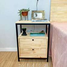 Mesa de Cabeceira Style de Ferro e Madeira com 2 Gavetas Industrial Natural e Preto