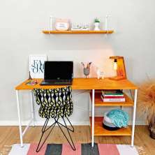 Mesa para Escritório de Ferro e Madeira com Prateleiras Style Industrial Carvalho e Branco