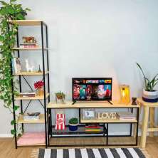 Rack de TV Style Industrial com Estante Style de Ferro e Madeira Slim 6 Prateleiras Natural e Preto