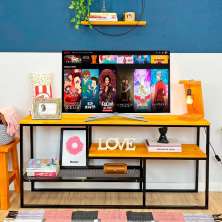 Rack de TV Style Industrial de Ferro e Madeira Carvalho e Preto