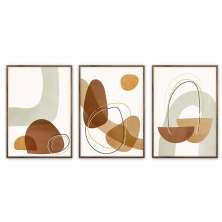 Kit com 3 Quadros Decorativos 70x50 cm Abstrato Boho com Moldura Caixa Preta de 3cm de profundidade, na posição Vertical ideal para ambiente de Sala, Quarto e Hall.