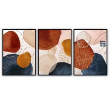 Kit com 3 Quadros Decorativos 70x50 cm Abstrato Manchas com Moldura Caixa Preta de 3cm de profundidade, na posição Vertical ideal para ambiente de Sala, Quarto e Hall
