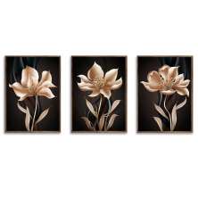 Kit com 3 Quadros Decorativos 70x50 cm Floral Dourado com Moldura Caixa Preta, na posição Vertical ideal para ambiente de Sala, Quarto e Hall.