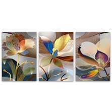Kit com 3 Quadros Decorativos 70x50 cm Floral Moderno, Tela Canvas, na posição Vertical ideal para ambiente de Sala de Estar, Sala de Estar, Sala de Reunião, Quarto e Hall.