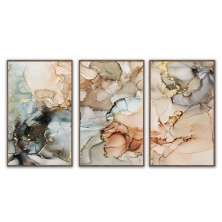 Kit com 3 Quadros Decorativos 70x50 cmAbstrato Manchas com Moldura Caixa Nogueira de 3cm de profundidade, na posição Vertical ideal para ambiente de Sala, Quarto e Hall