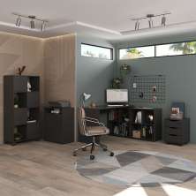 Conjunto de Mesa com Armário de Escritório, Estante e Gaveteiro 6 PT 3 GV Nero Cool Wally New Preto