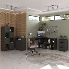 Conjunto de Mesa com Armário de Escritório, Estante e Gaveteiro 6 PT 4 GV Nero Cool Wally Bit Preto