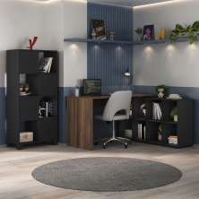 Conjunto de Mesa com Estante de Escritório 4 PT Nero Wally Preto e Ipê