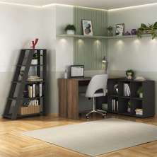 Conjunto de Mesa com Estante de Escritório Nero Star Ipê e Preto